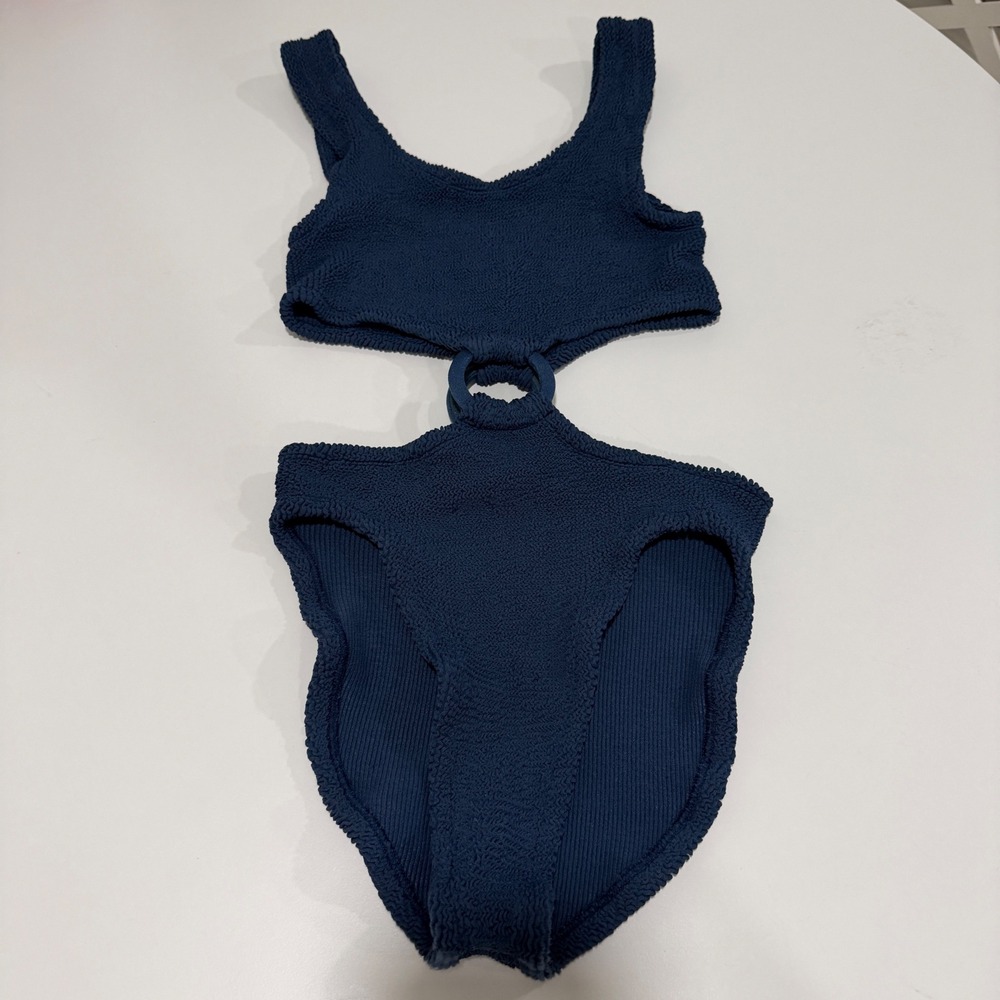 Hunza G Navy Blue Crinkle Knit Ring Detail Cutout One Piece Swimsuit OS